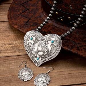 Western Heart Horse Necklace and Earrings Set Beaded with Faux Turquoise Silver